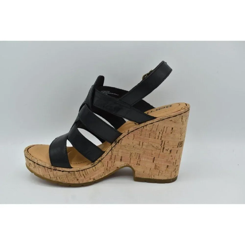Born Womens Size 9 Bernese Cage Black Leather Wedge‎ Sandals Shoes